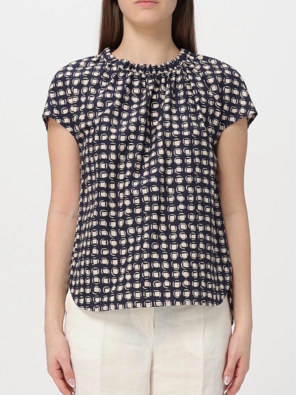 S Max Mara Navy Geometric Print Silk-Feel Cotton Blouse Size IT 40 / US 6